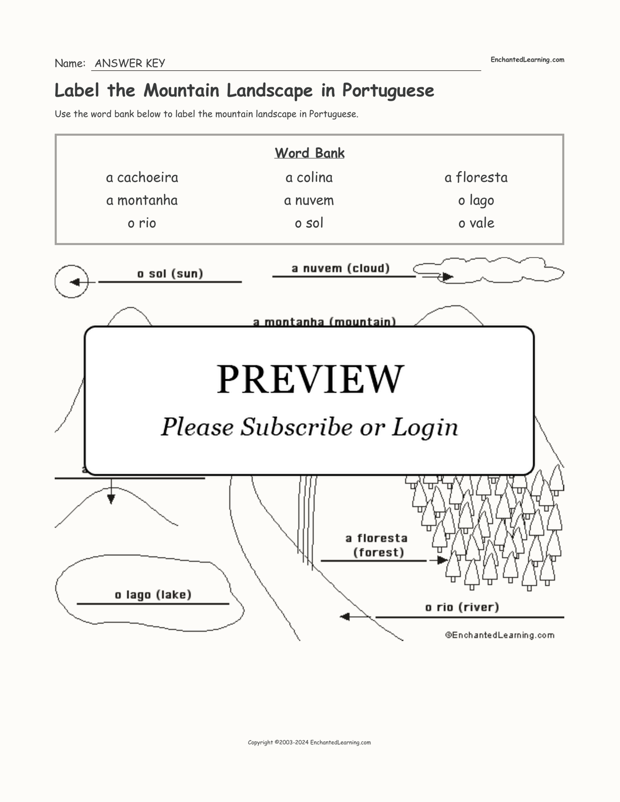 Label the Mountain Landscape in Portuguese interactive worksheet page 2