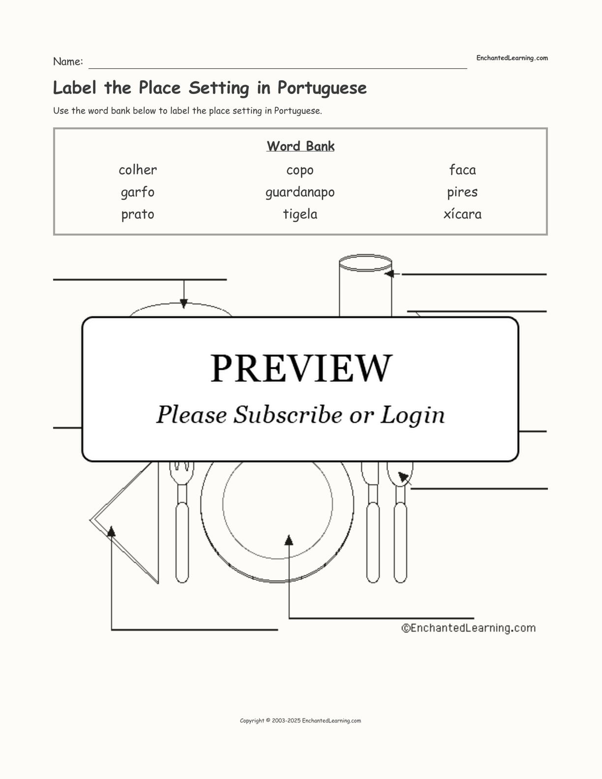 Label the Place Setting in Portuguese interactive worksheet page 1