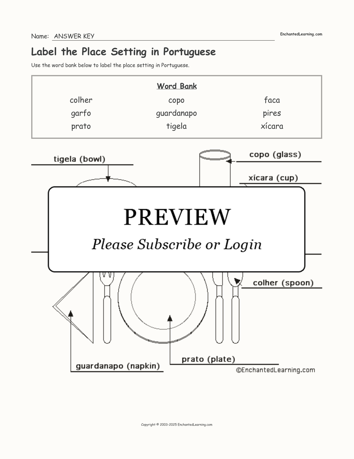 Label the Place Setting in Portuguese interactive worksheet page 2