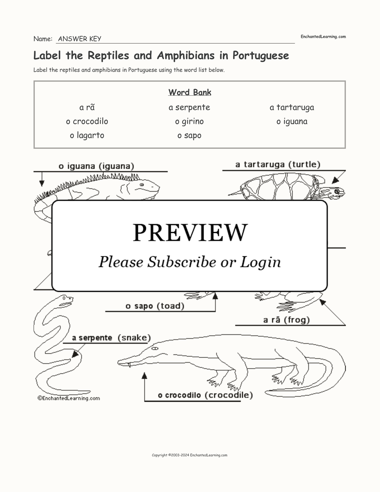 Label the Reptiles and Amphibians in Portuguese interactive worksheet page 2