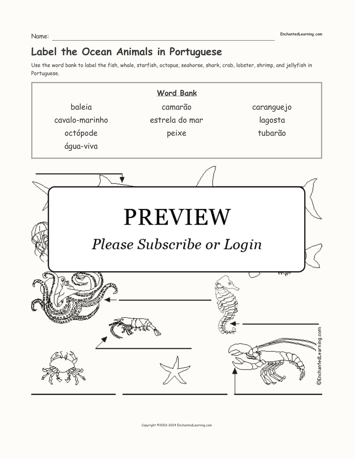 Label the Ocean Animals in Portuguese interactive worksheet page 1