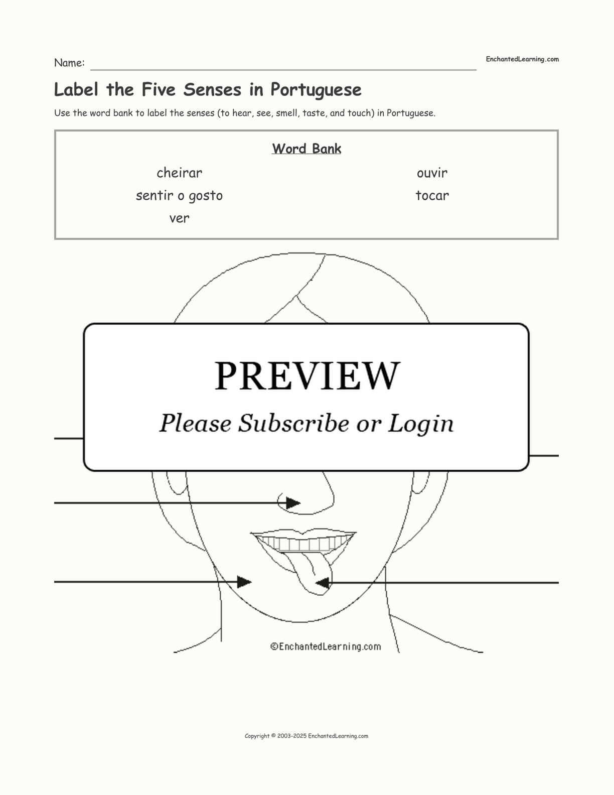 Label the Five Senses in Portuguese interactive worksheet page 1