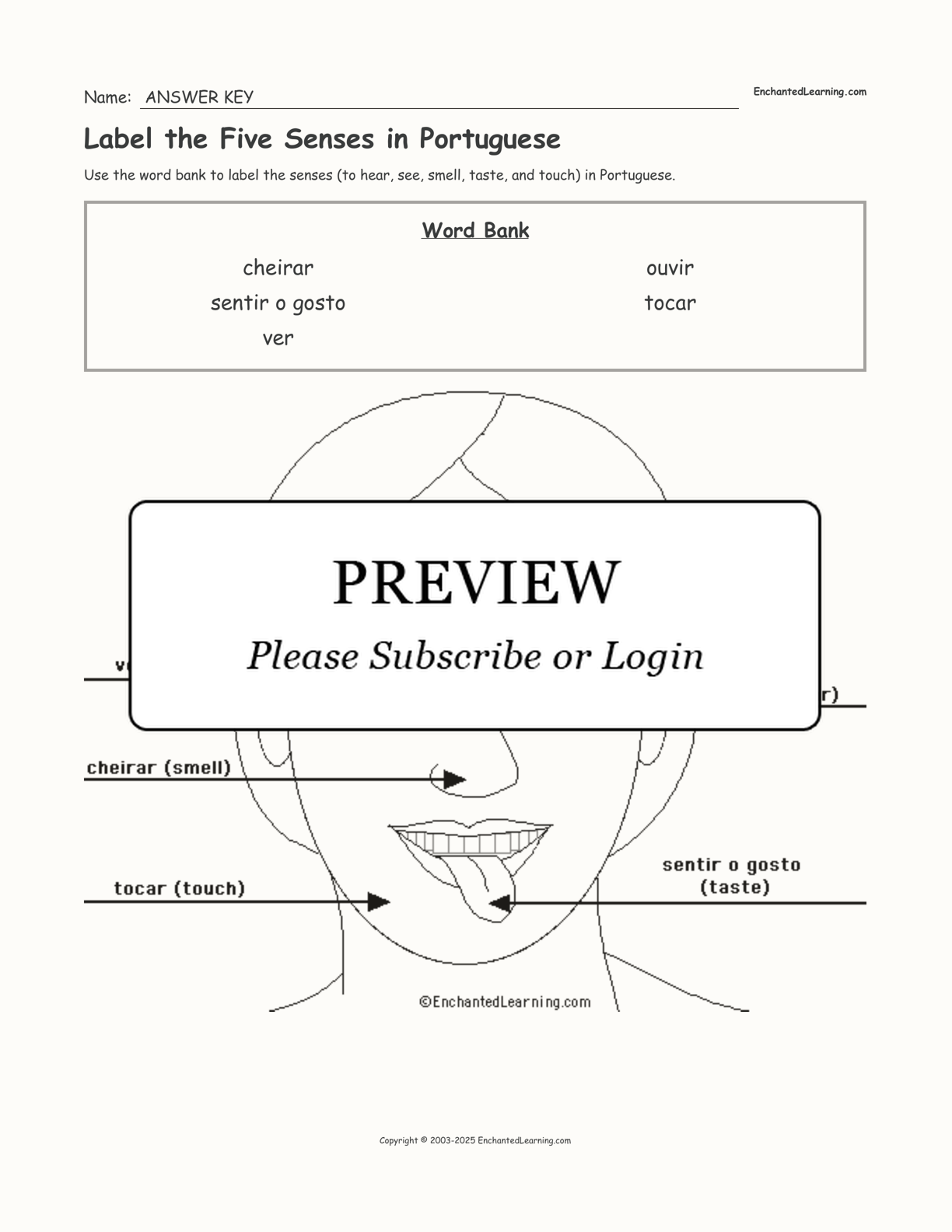 Label the Five Senses in Portuguese interactive worksheet page 2