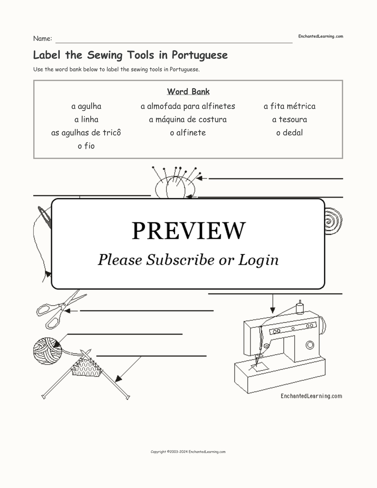 Label the Sewing Tools in Portuguese interactive worksheet page 1