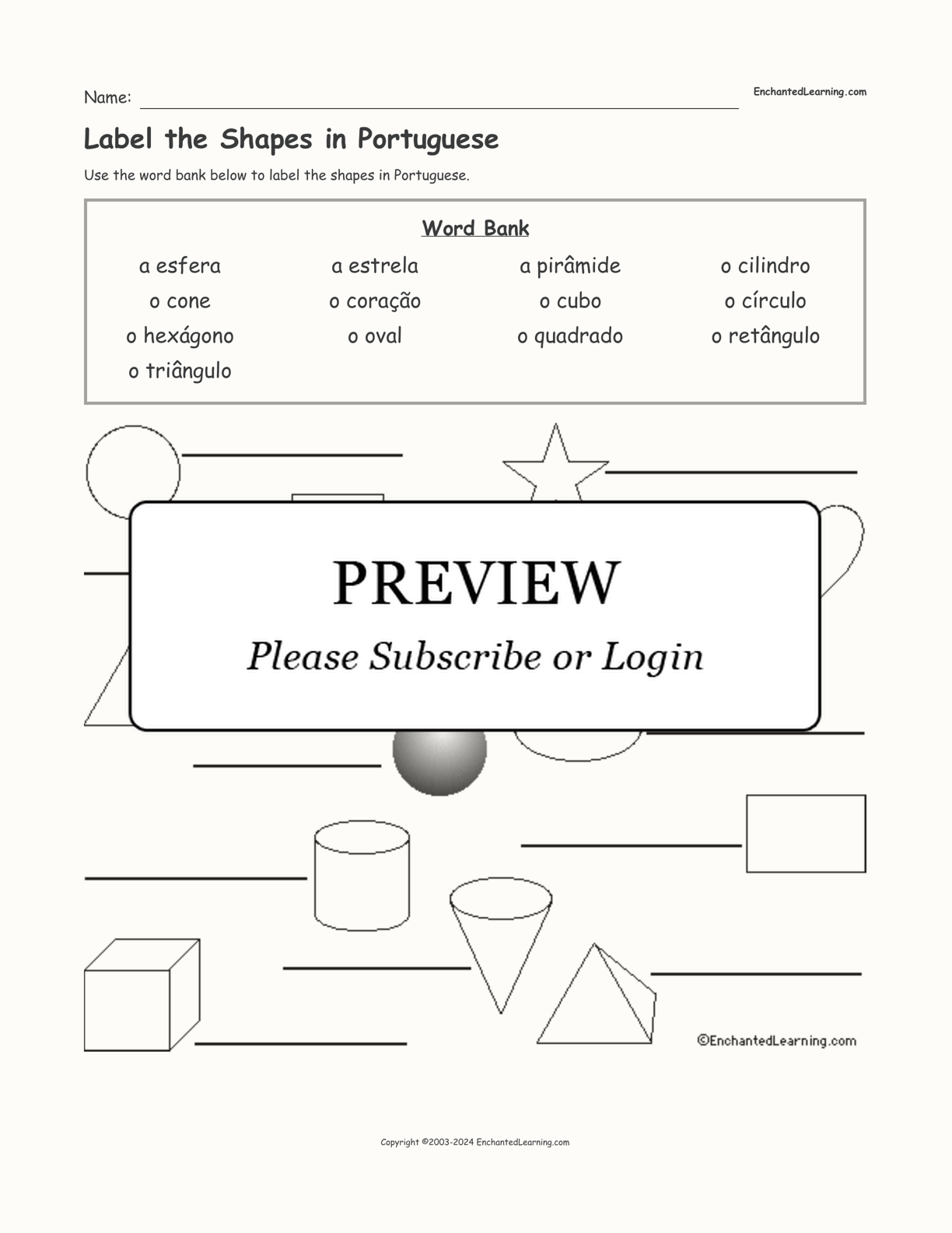 Label the Shapes in Portuguese interactive worksheet page 1