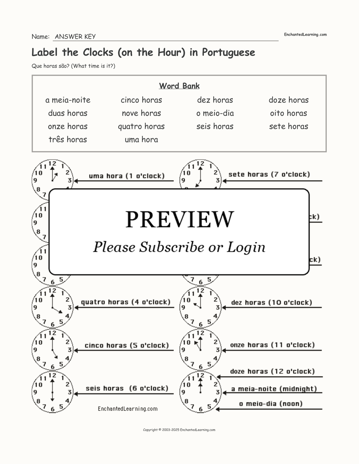 Label the Clocks (on the Hour) in Portuguese interactive worksheet page 2