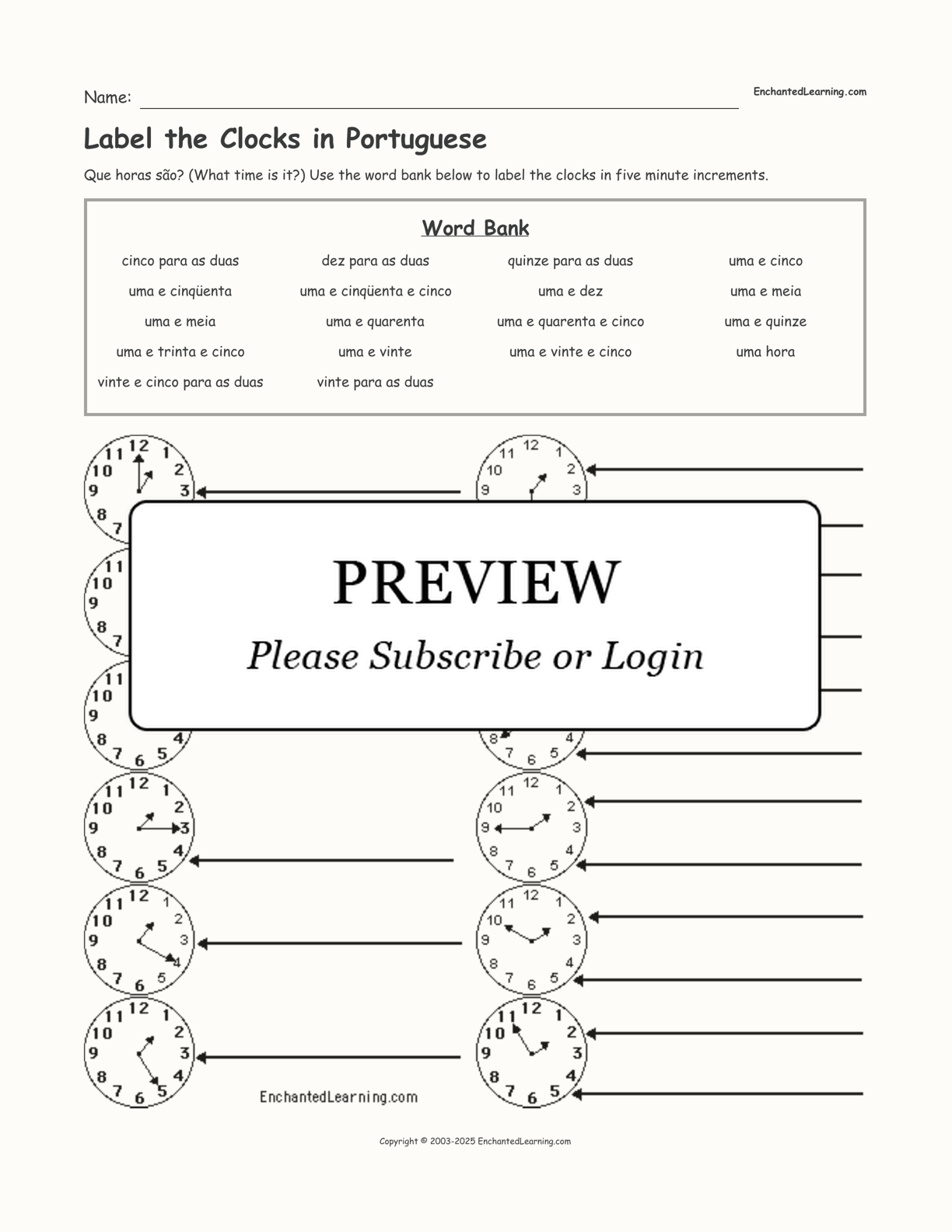 Label the Clocks in Portuguese interactive worksheet page 1