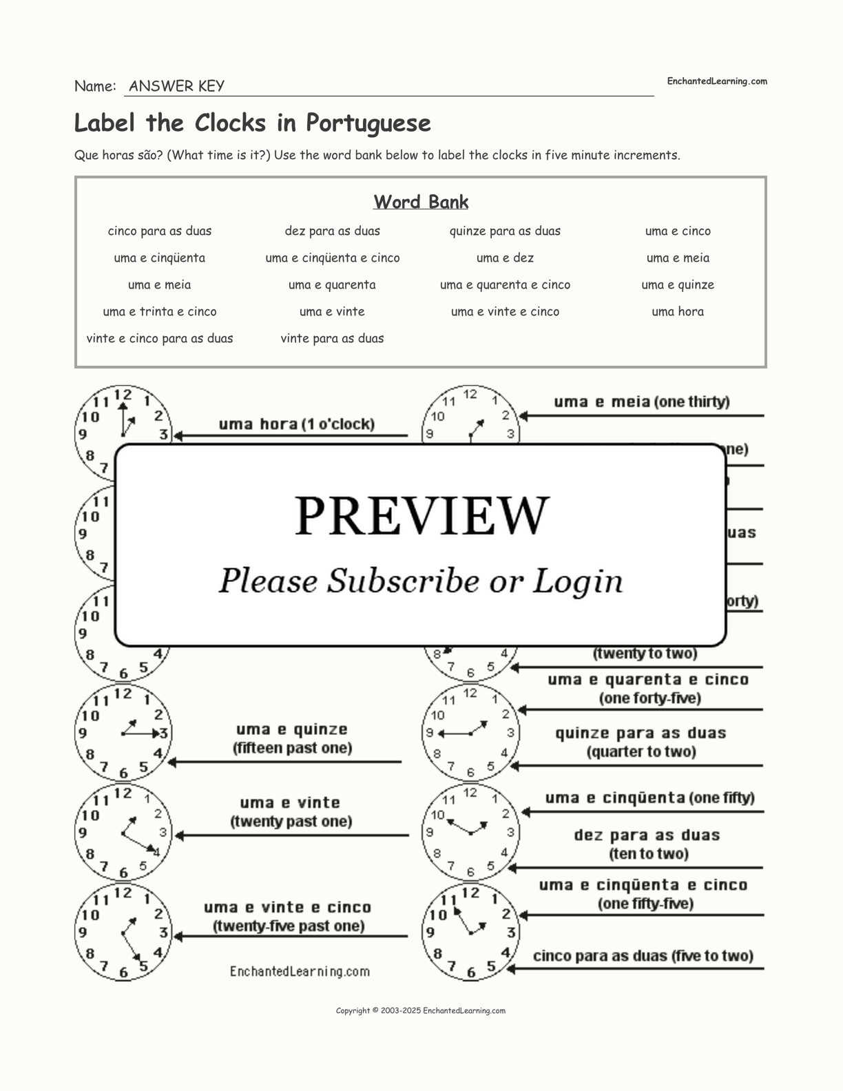 Label the Clocks in Portuguese interactive worksheet page 2