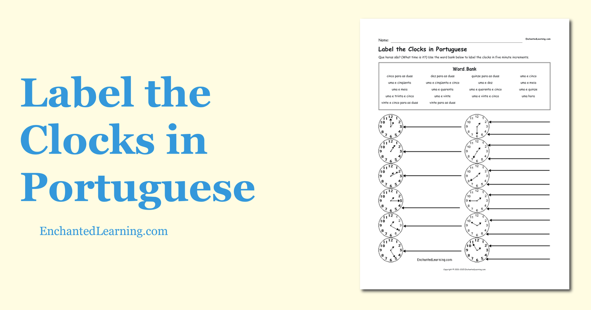 Label the Clocks in Portuguese Enchanted Learning