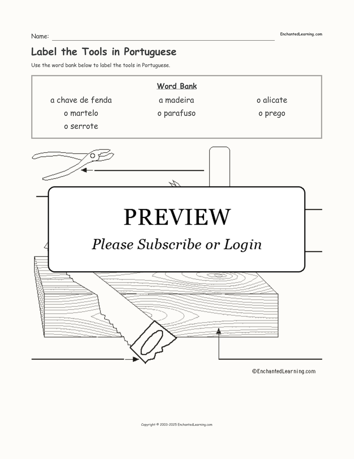 Label the Tools in Portuguese interactive worksheet page 1