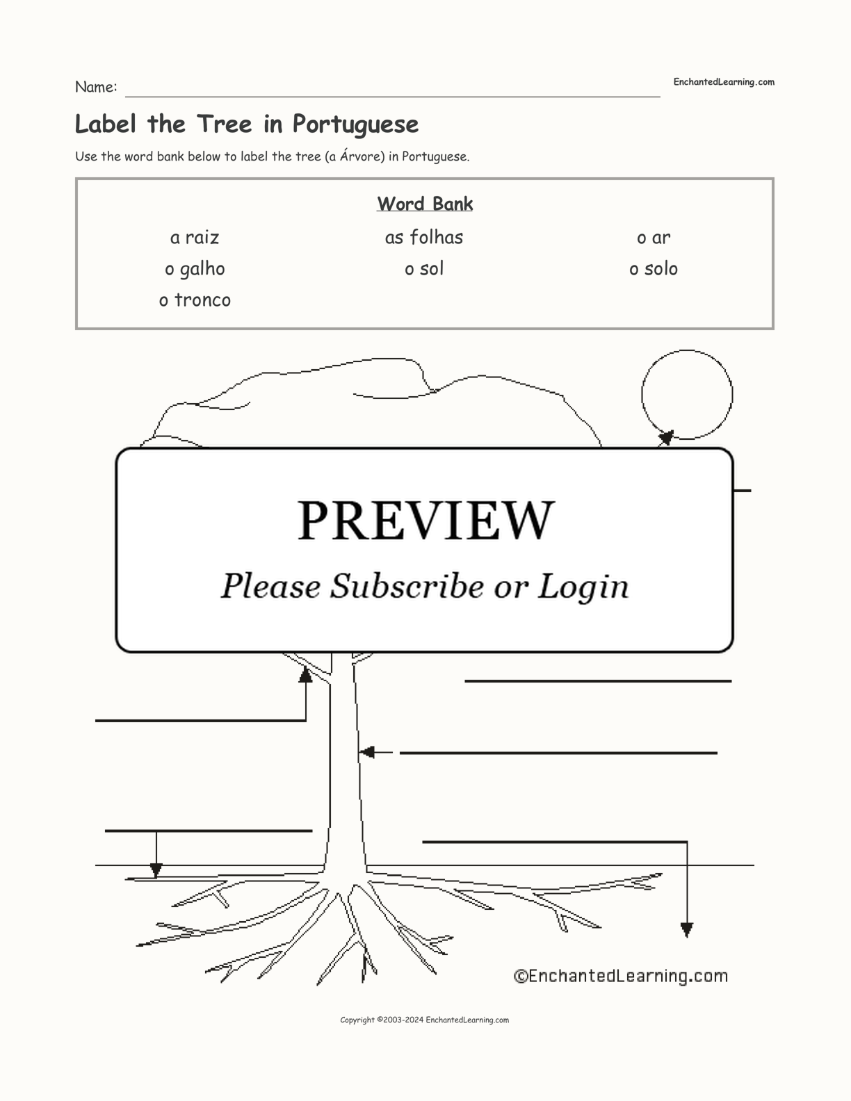 Label the Tree in Portuguese interactive worksheet page 1