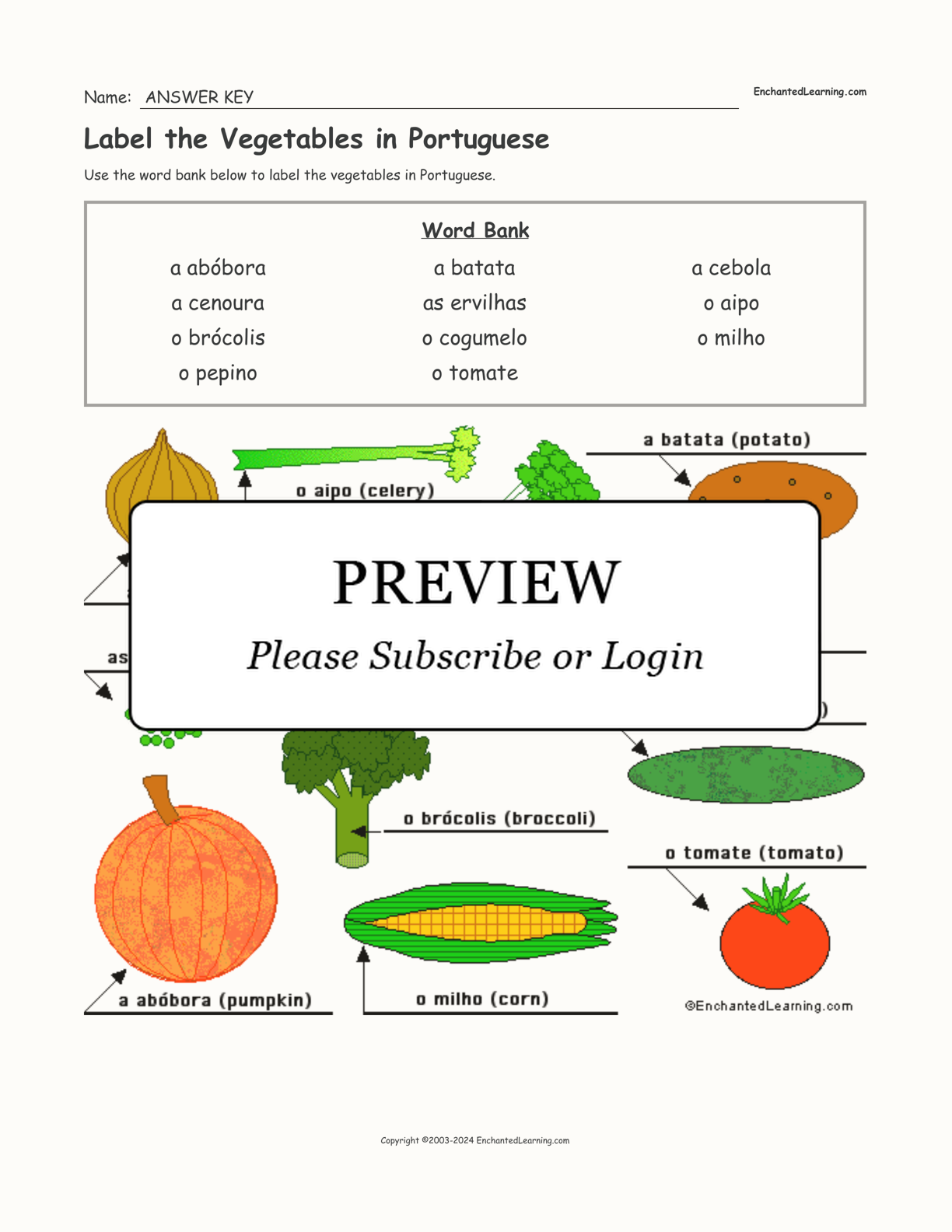 Label the Vegetables in Portuguese interactive worksheet page 2