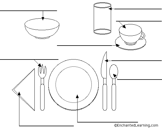 Label the place setting in Russian