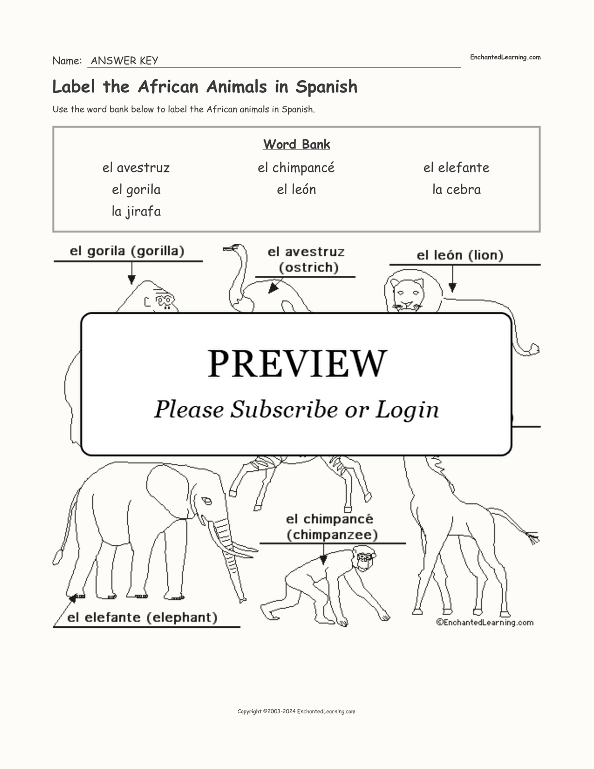 Label the African Animals in Spanish interactive worksheet page 2