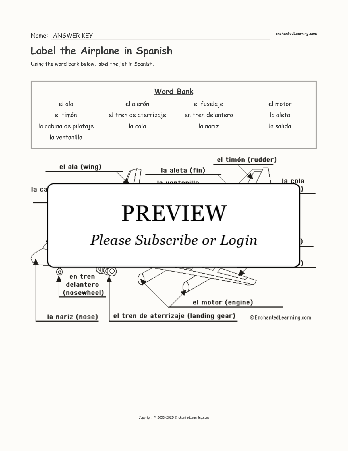 Label the Airplane in Spanish interactive worksheet page 2