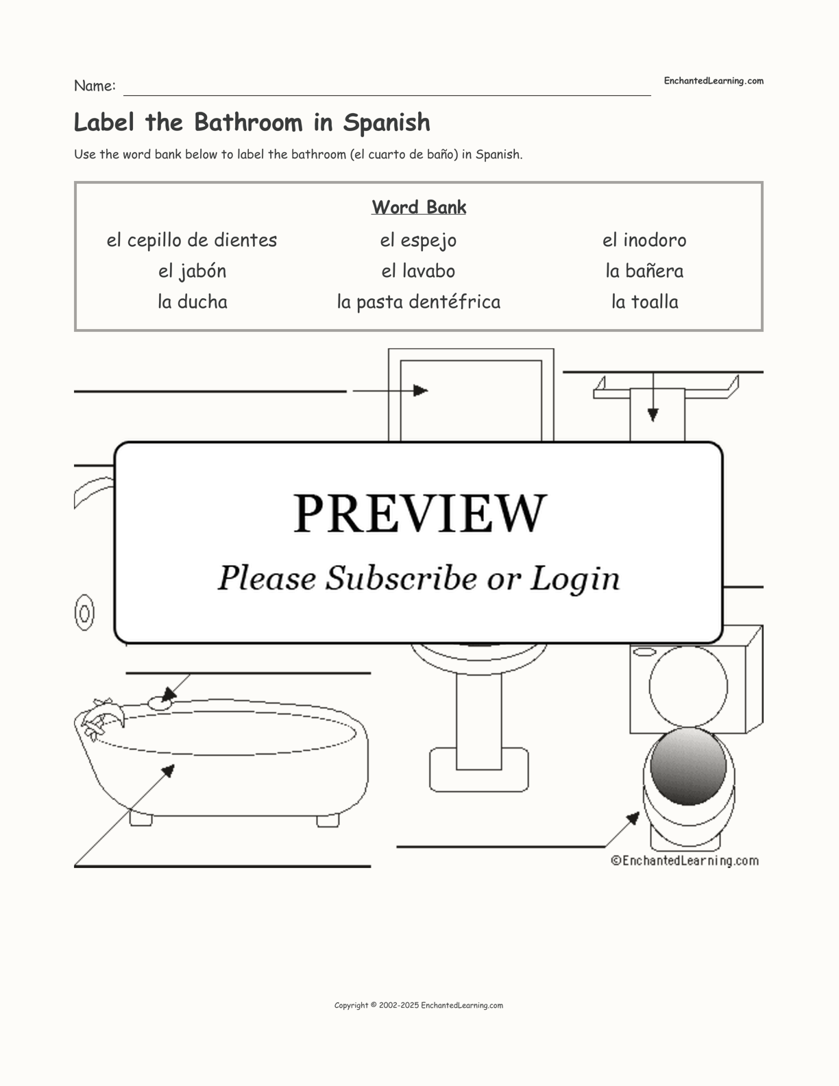 Label the Bathroom in Spanish interactive worksheet page 1