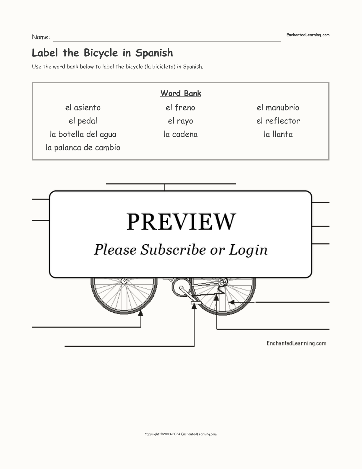 Label the Bicycle in Spanish interactive worksheet page 1