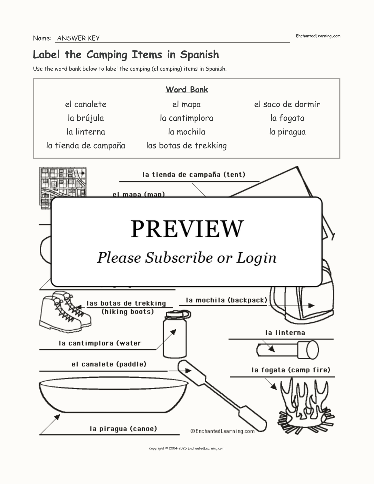 Label the Camping Items in Spanish interactive worksheet page 2