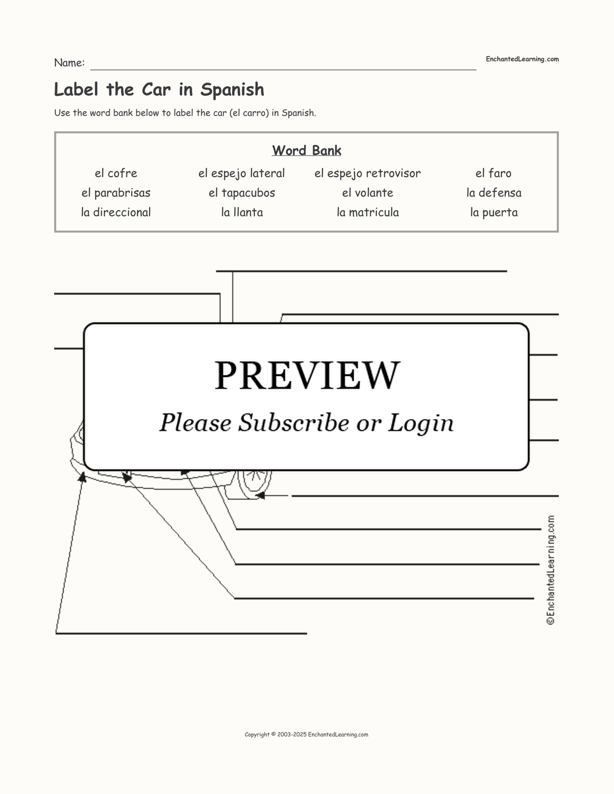 Label the Car in Spanish interactive worksheet page 1