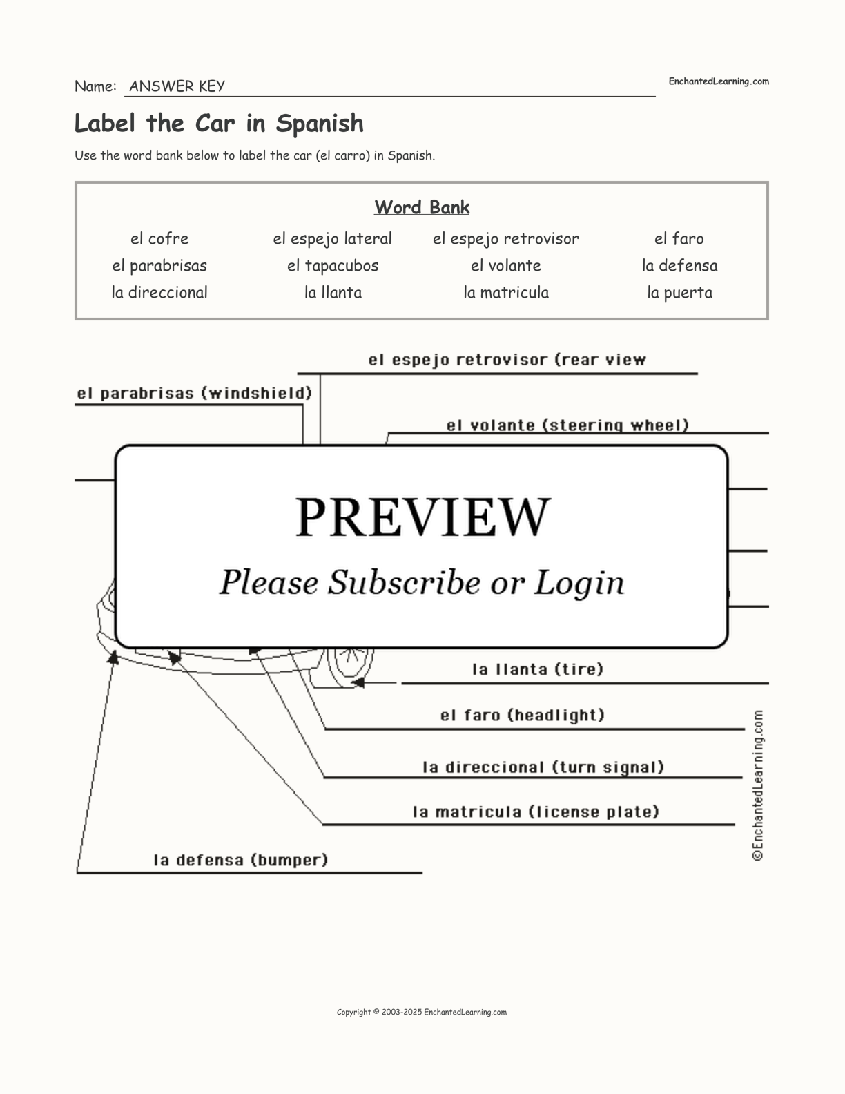 Label the Car in Spanish interactive worksheet page 2