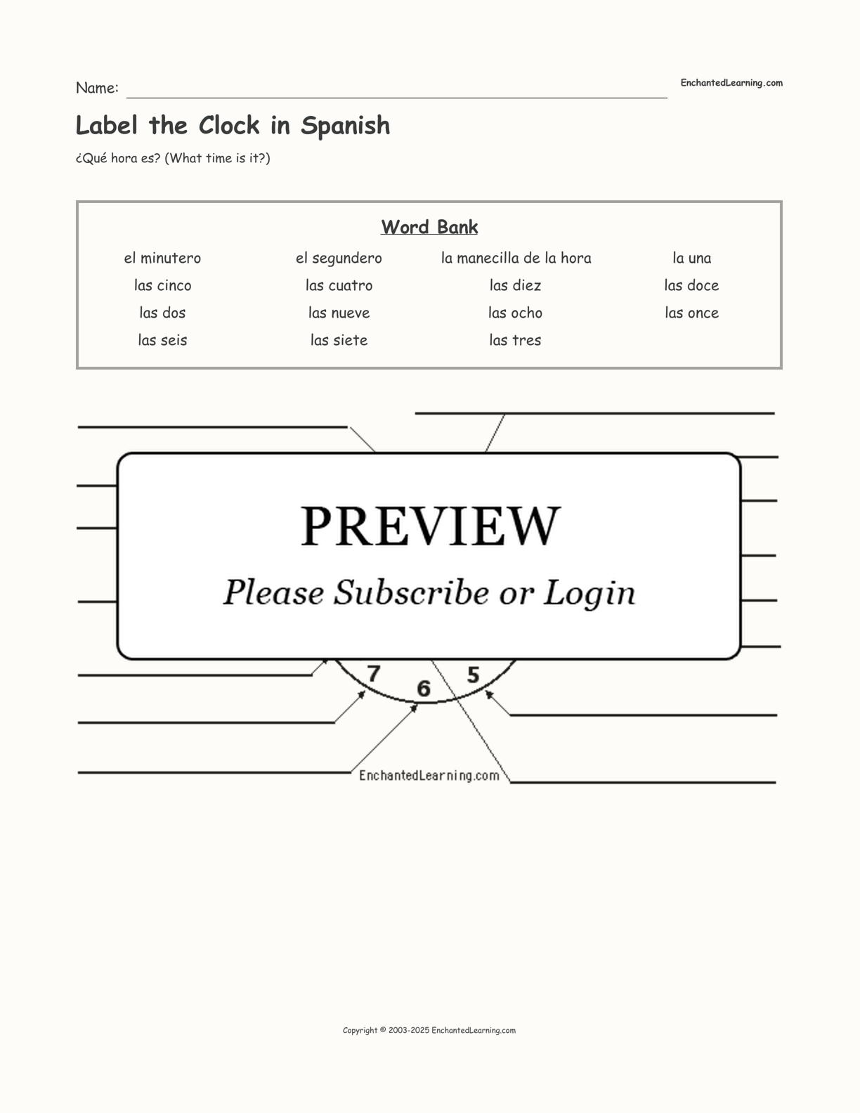 Label the Clock in Spanish interactive worksheet page 1