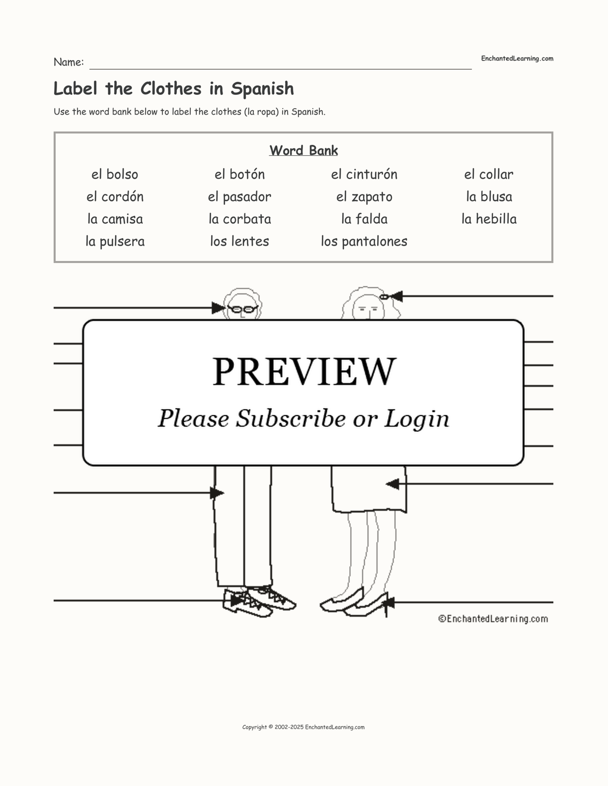 Label the Clothes in Spanish interactive worksheet page 1