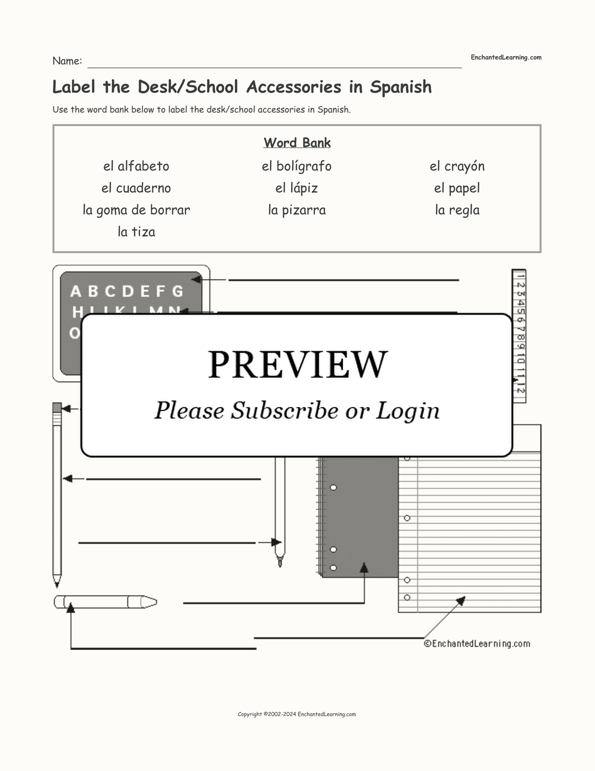 Label the Desk/School Accessories in Spanish interactive worksheet page 1