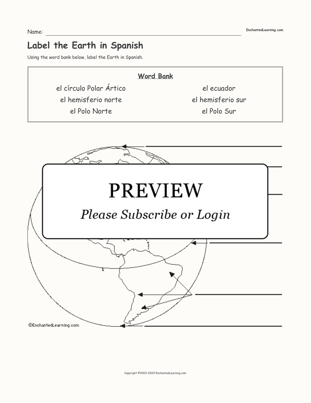 Label the Earth in Spanish interactive worksheet page 1