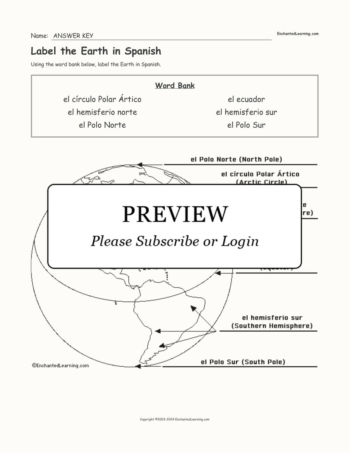 Label the Earth in Spanish interactive worksheet page 2