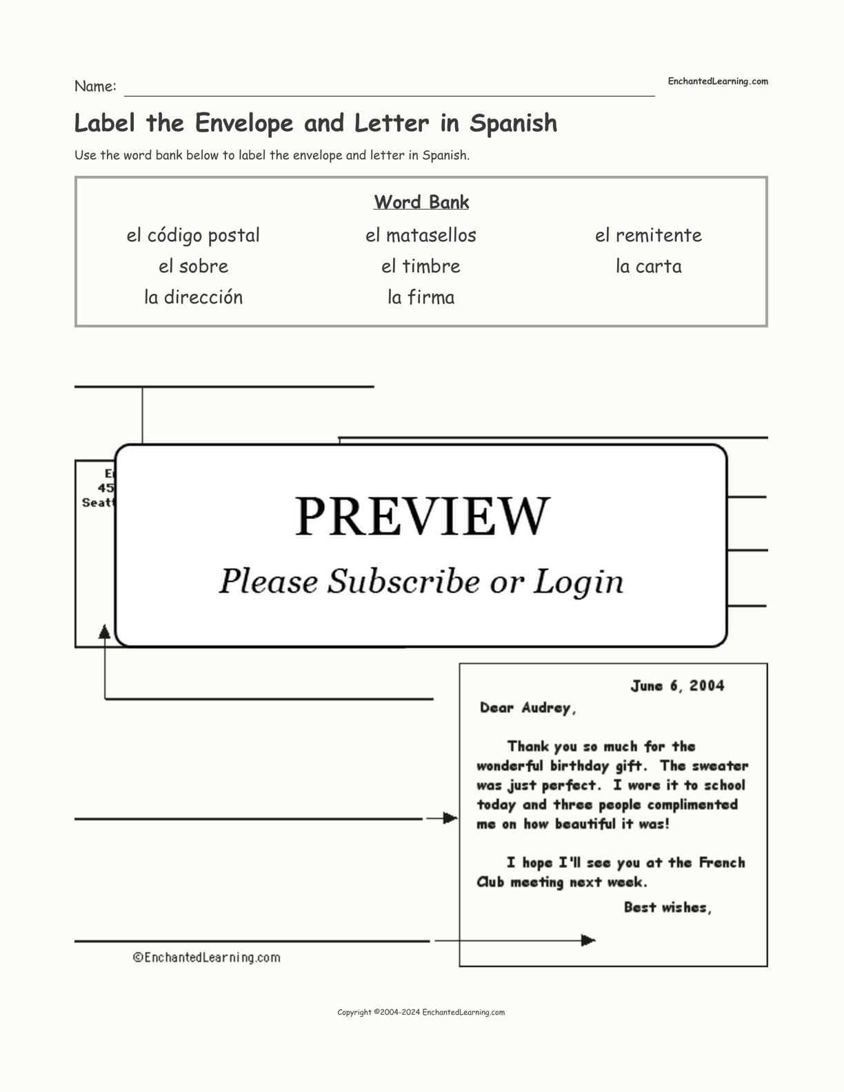 Label the Envelope and Letter in Spanish interactive worksheet page 1
