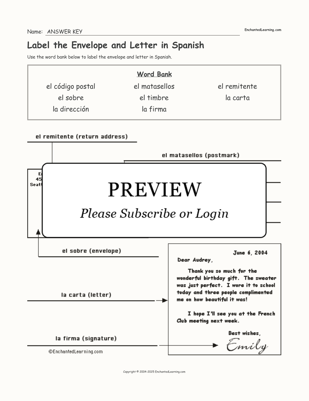 Label the Envelope and Letter in Spanish interactive worksheet page 2