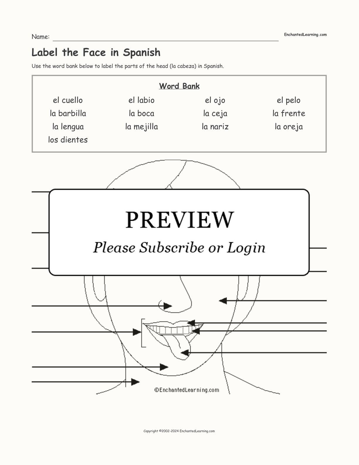 Label the Face in Spanish interactive worksheet page 1