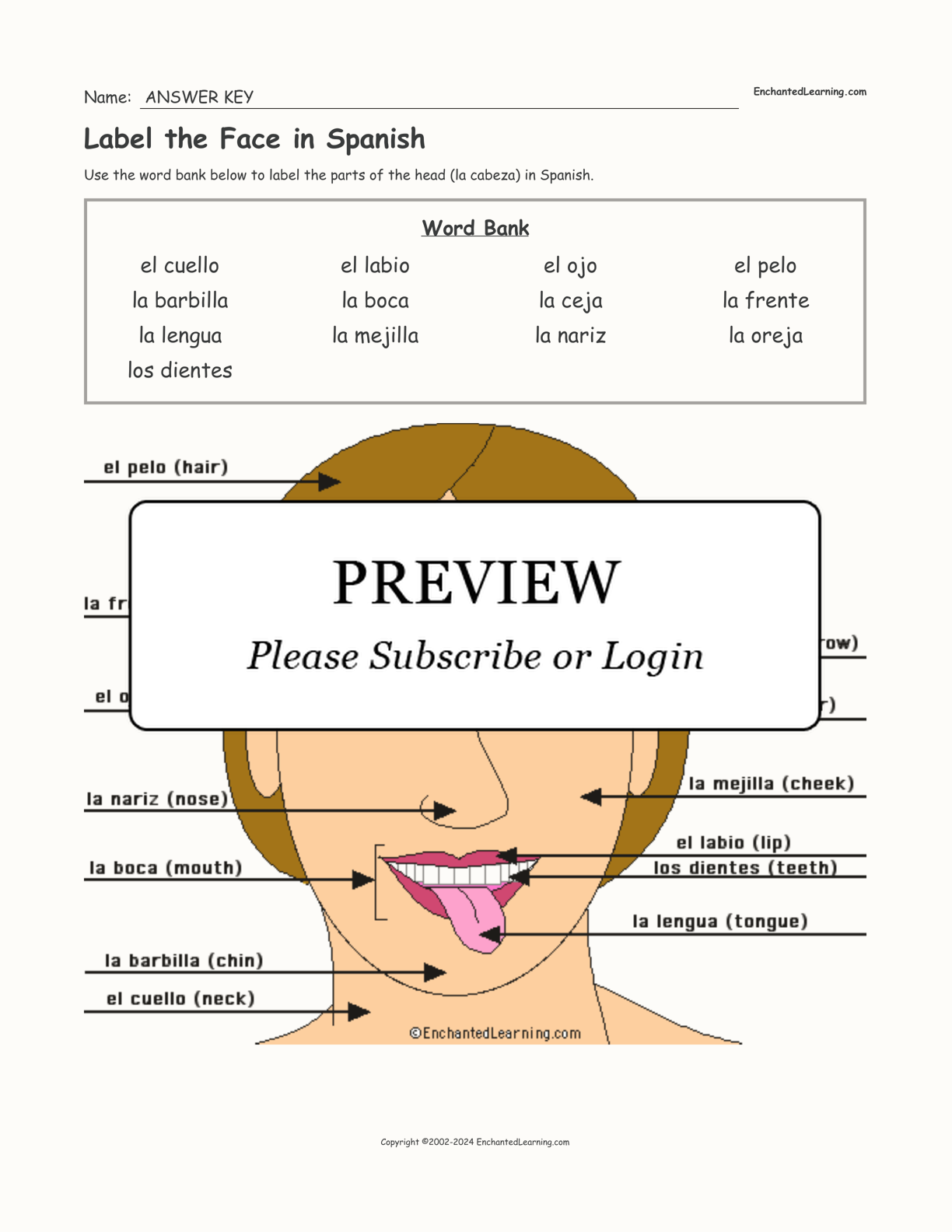 Label the Face in Spanish interactive worksheet page 2