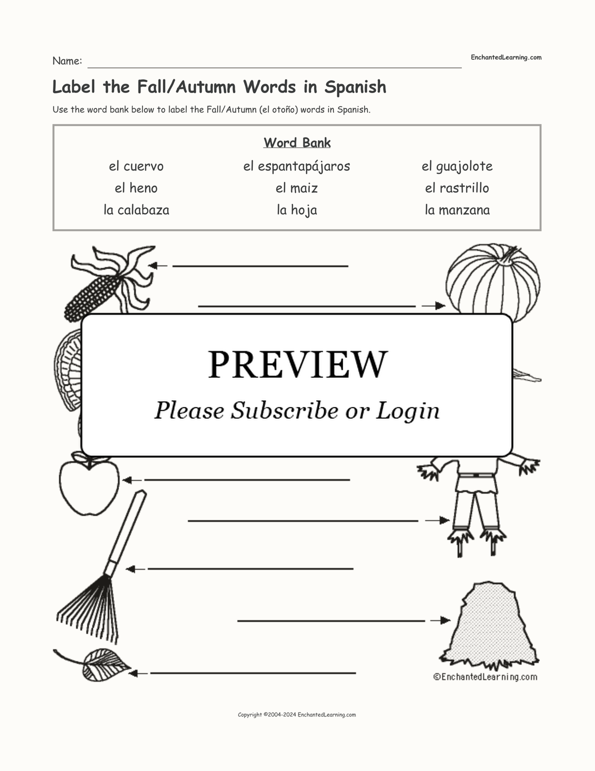 Label the Fall/Autumn Words in Spanish interactive worksheet page 1