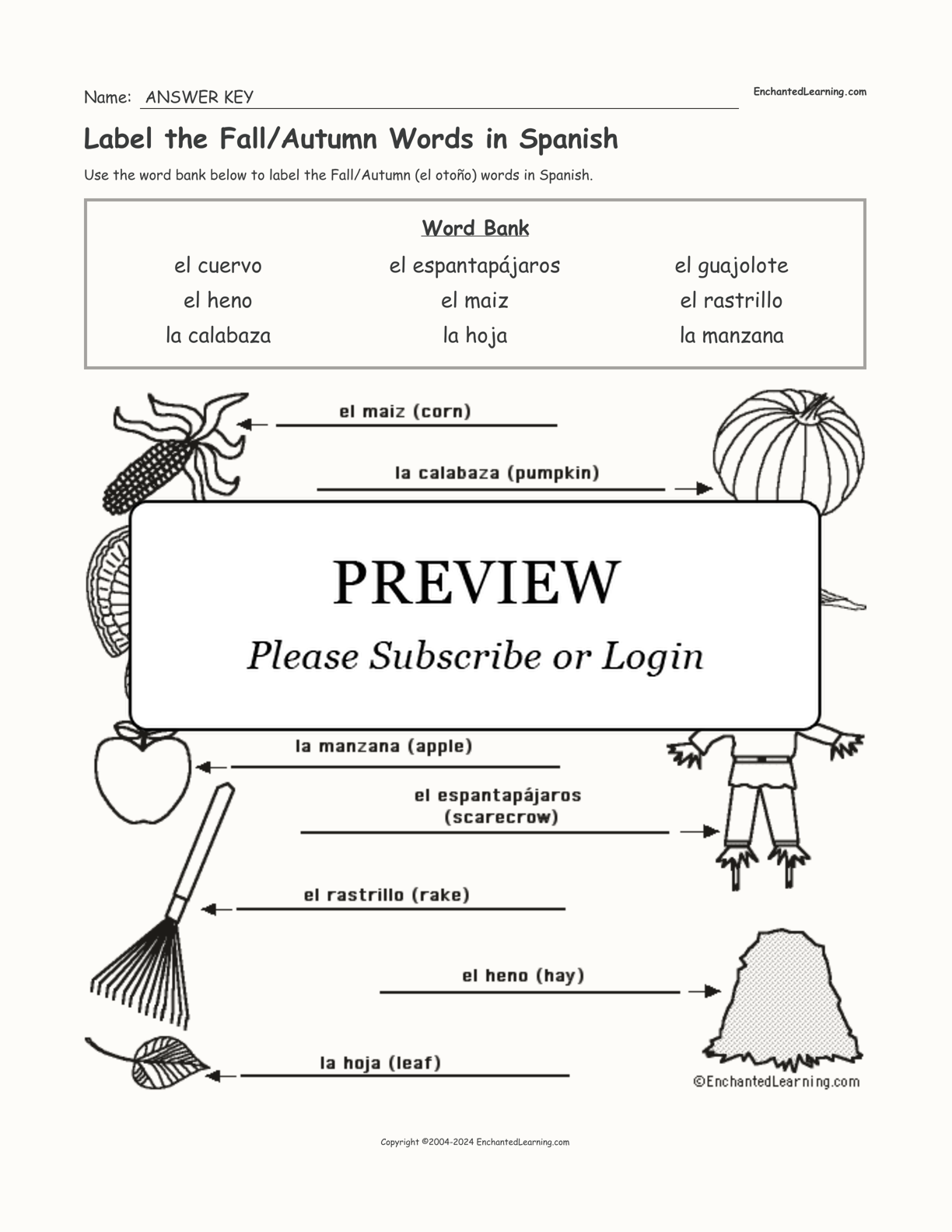 Label the Fall/Autumn Words in Spanish interactive worksheet page 2