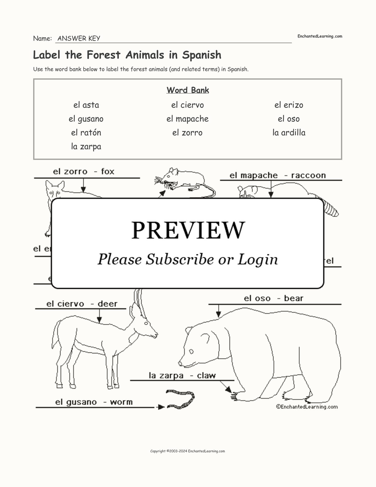 Label the Forest Animals in Spanish interactive worksheet page 2