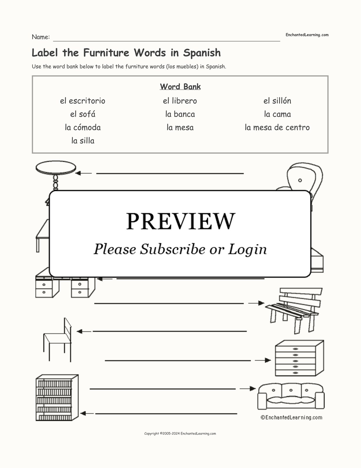 Label the Furniture Words in Spanish interactive worksheet page 1