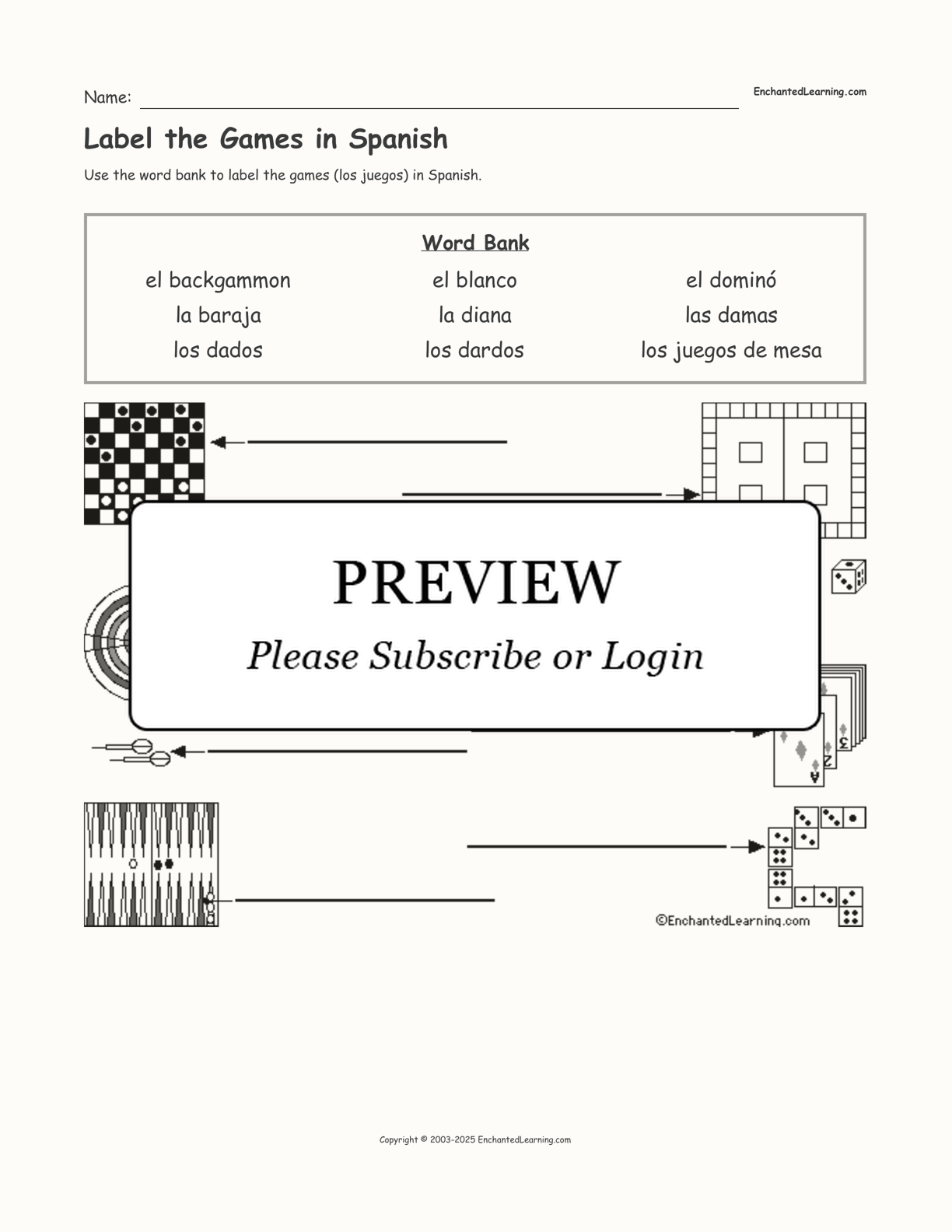 Label the Games in Spanish interactive worksheet page 1