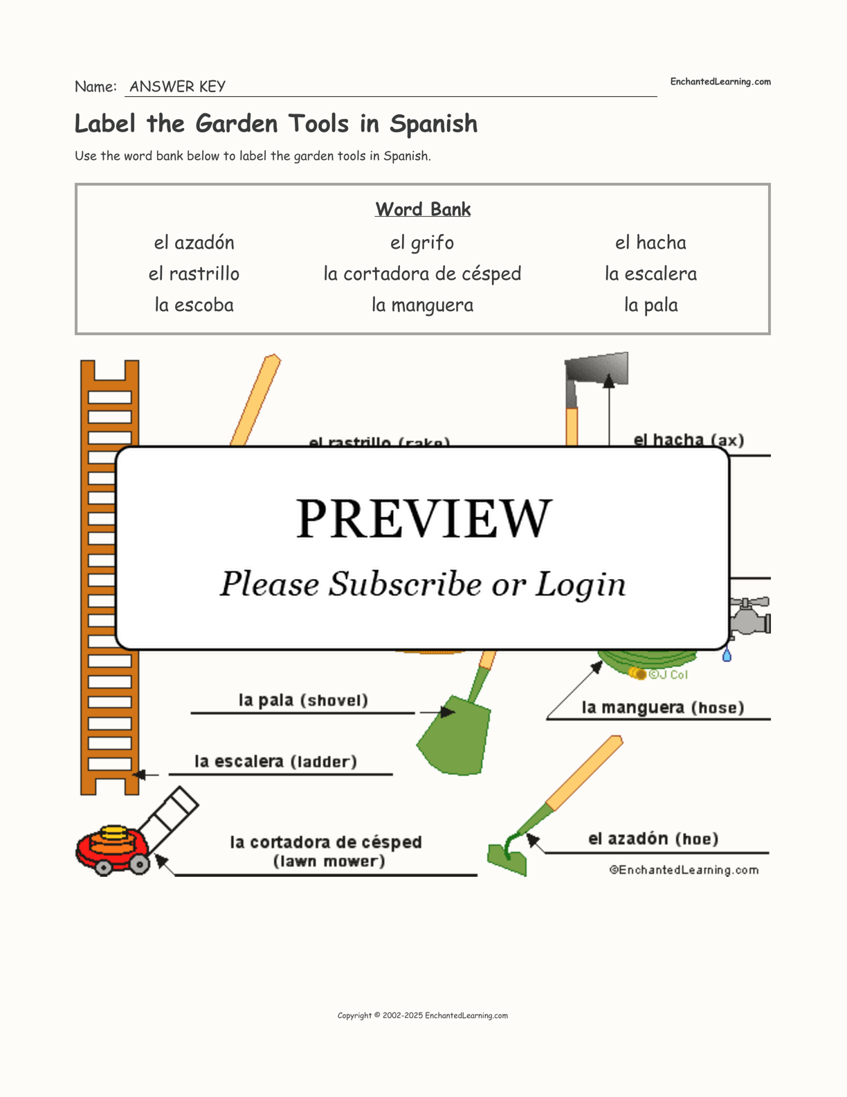 Label the Garden Tools in Spanish interactive worksheet page 2