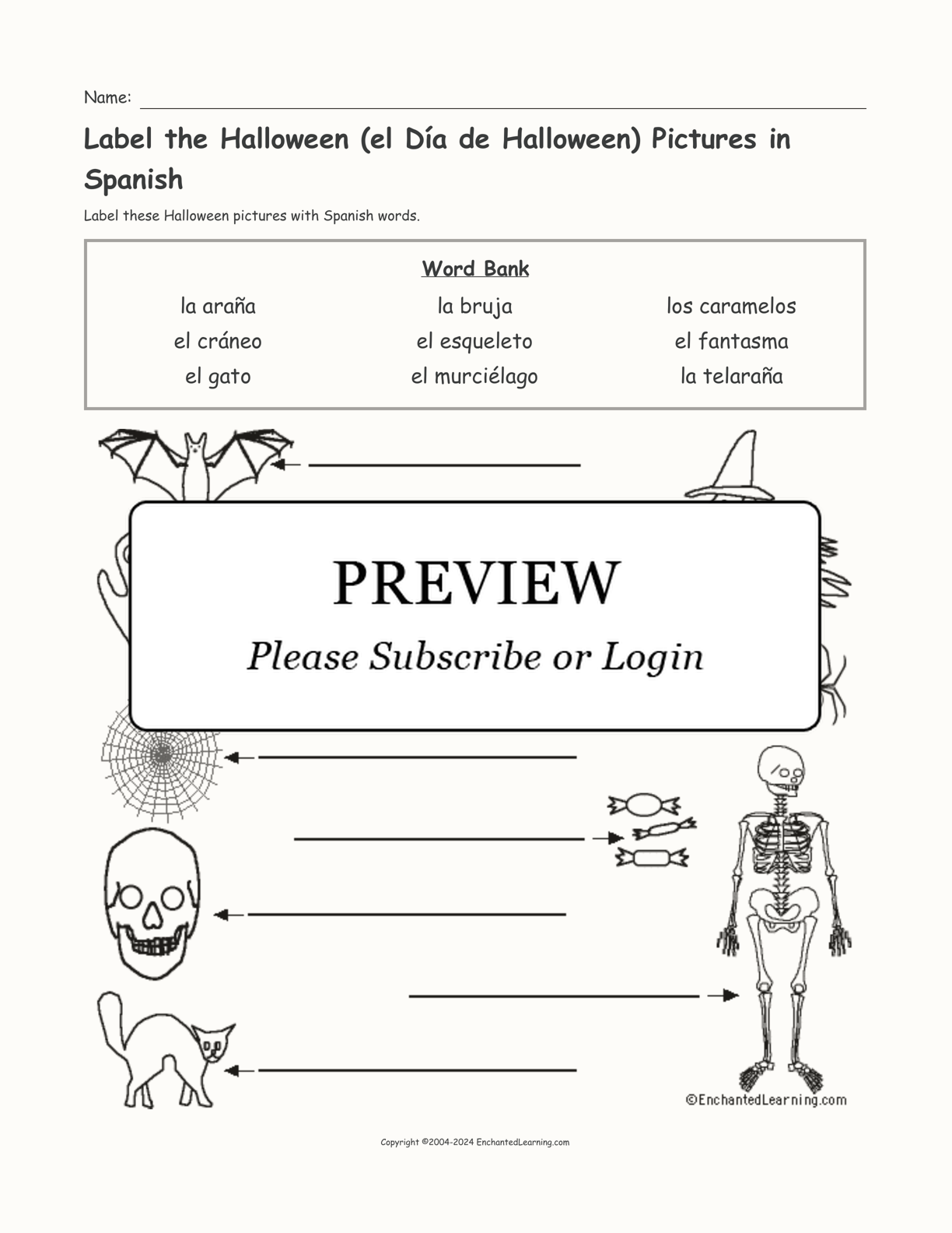 Label the Halloween (el Día de Halloween) Pictures in Spanish interactive worksheet page 1
