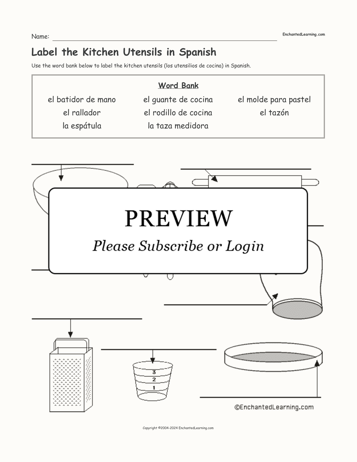 Label the Kitchen Utensils in Spanish interactive worksheet page 1