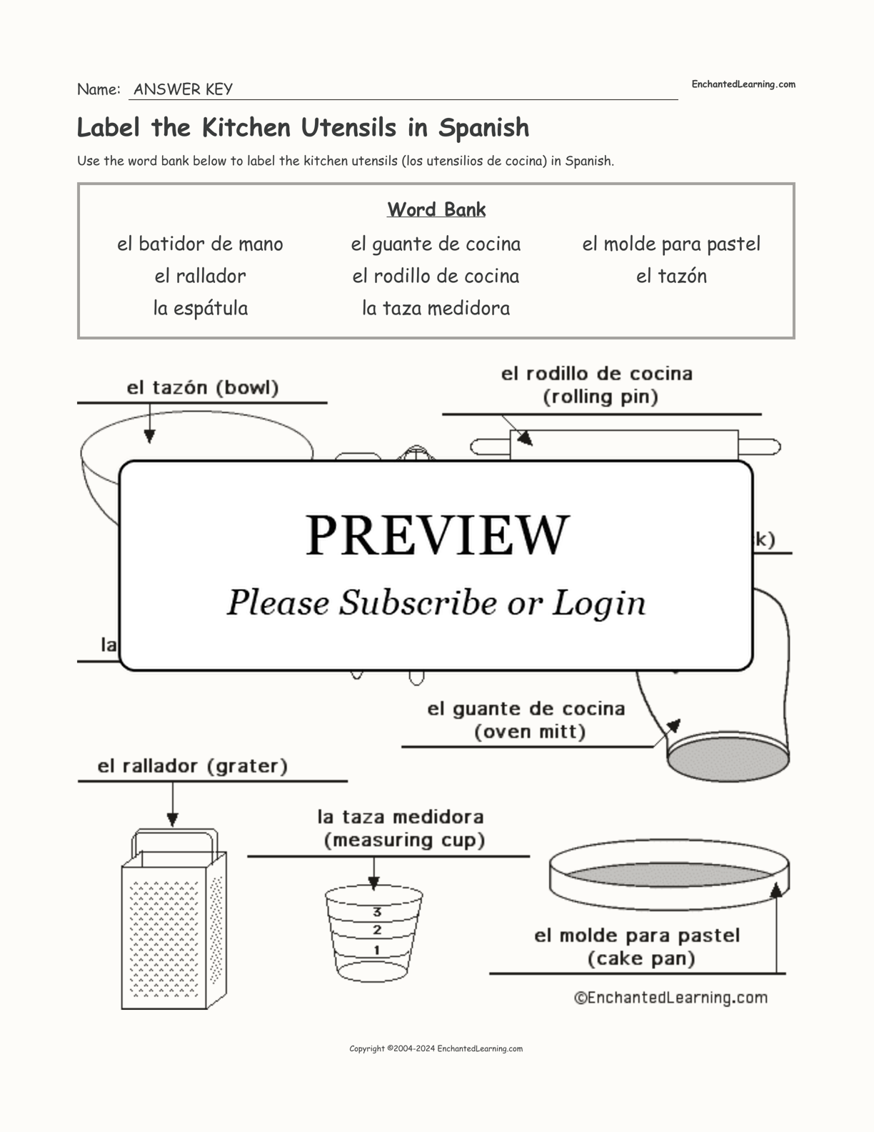 Label the Kitchen Utensils in Spanish interactive worksheet page 2
