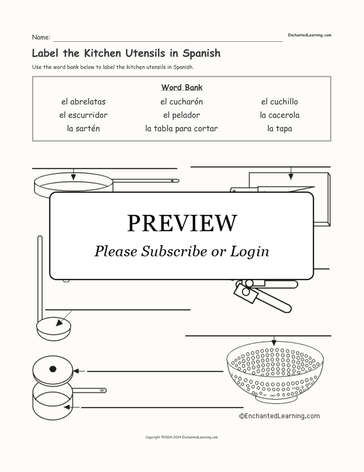 Label the Kitchen Utensils in Spanish interactive worksheet page 1