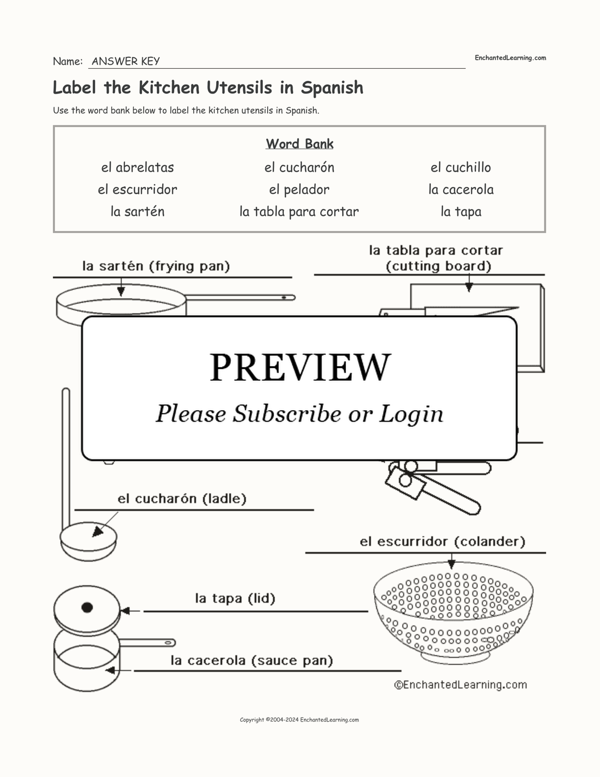 Label the Kitchen Utensils in Spanish interactive worksheet page 2