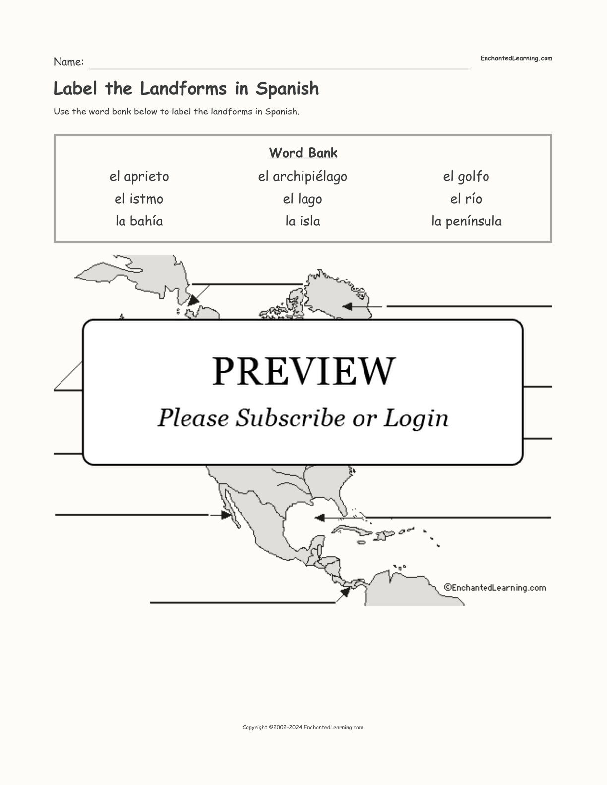 Label the Landforms in Spanish interactive worksheet page 1