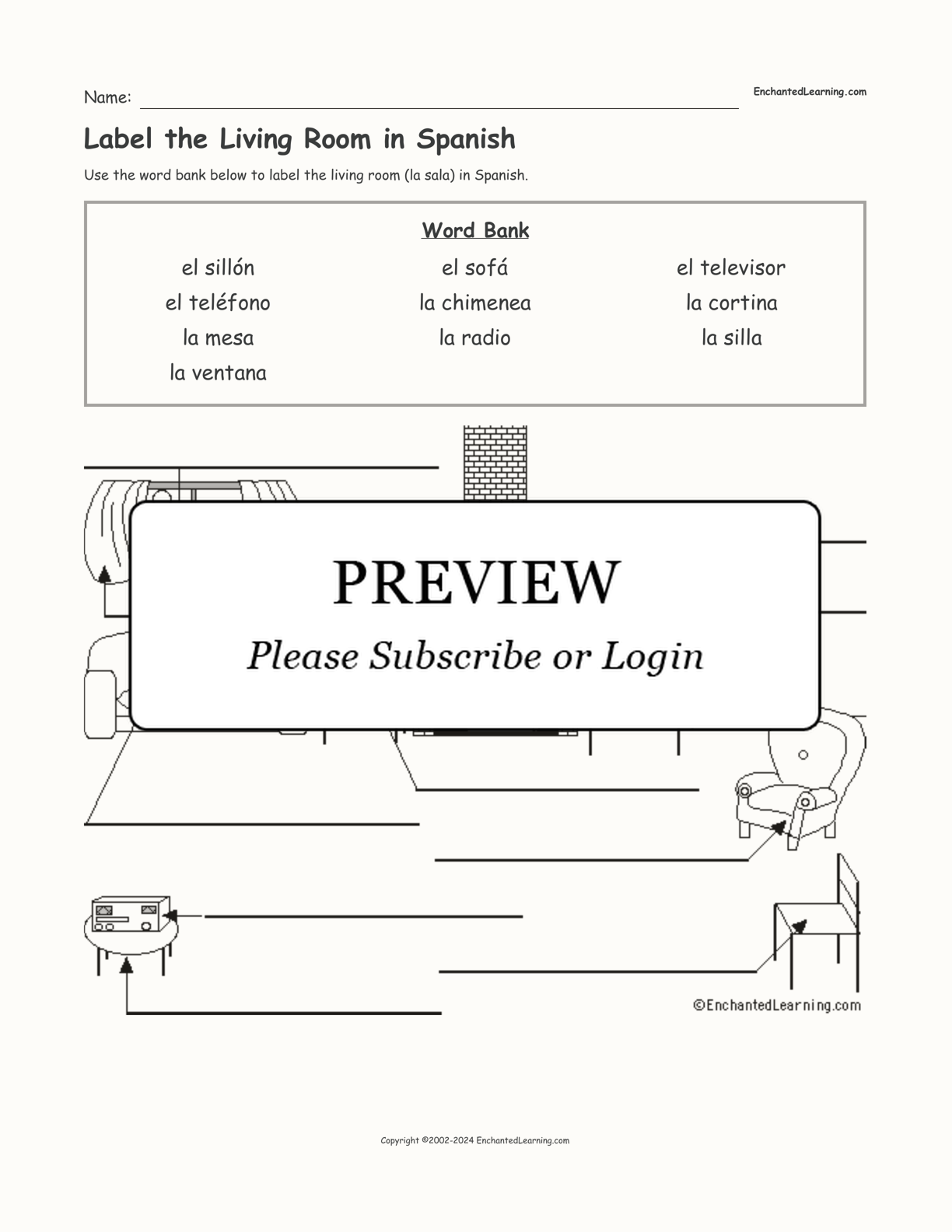 Label the Living Room in Spanish interactive worksheet page 1