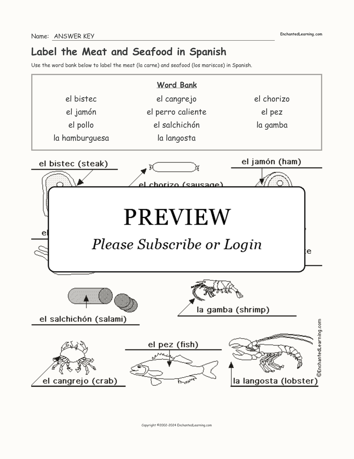 Label the Meat and Seafood in Spanish interactive worksheet page 2