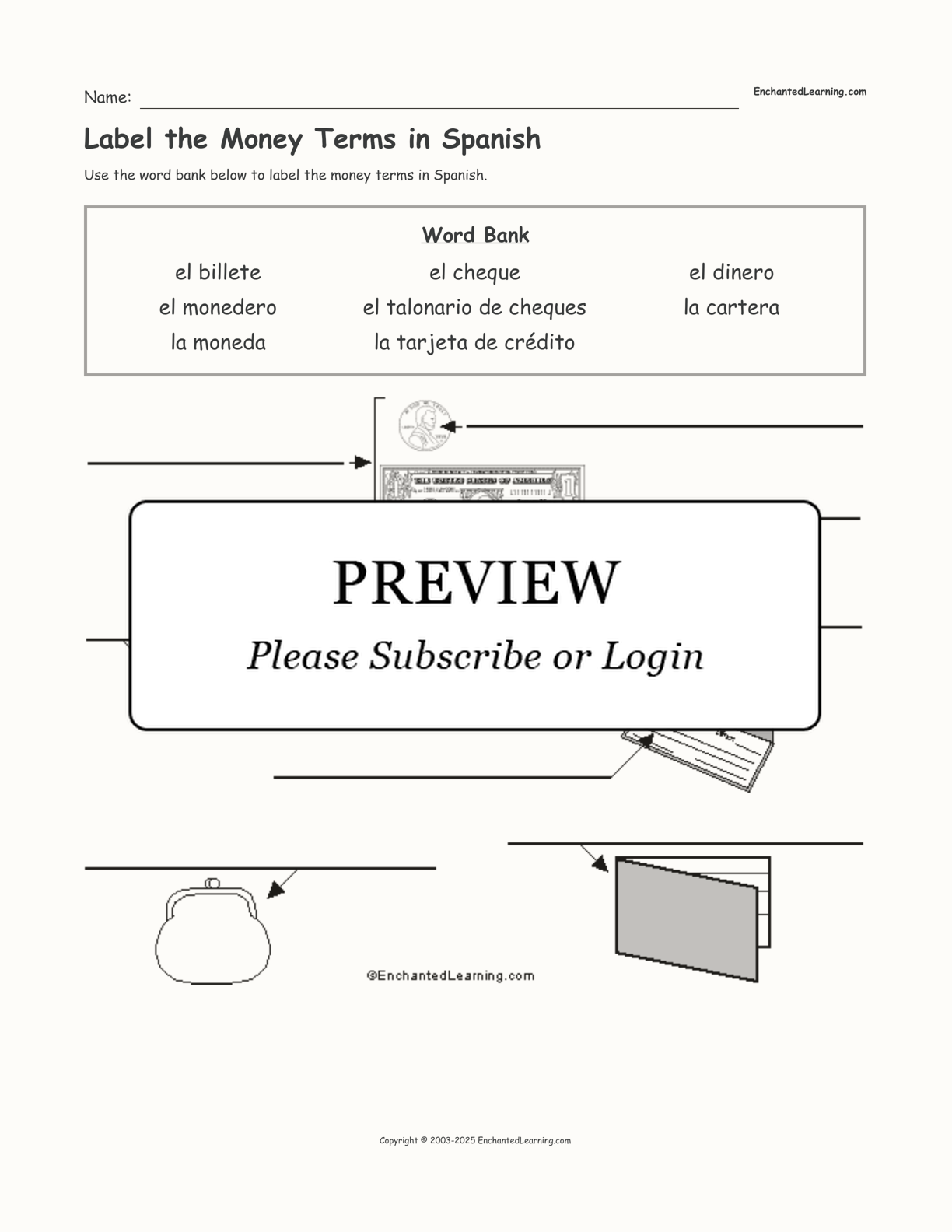 Label the Money Terms in Spanish interactive worksheet page 1