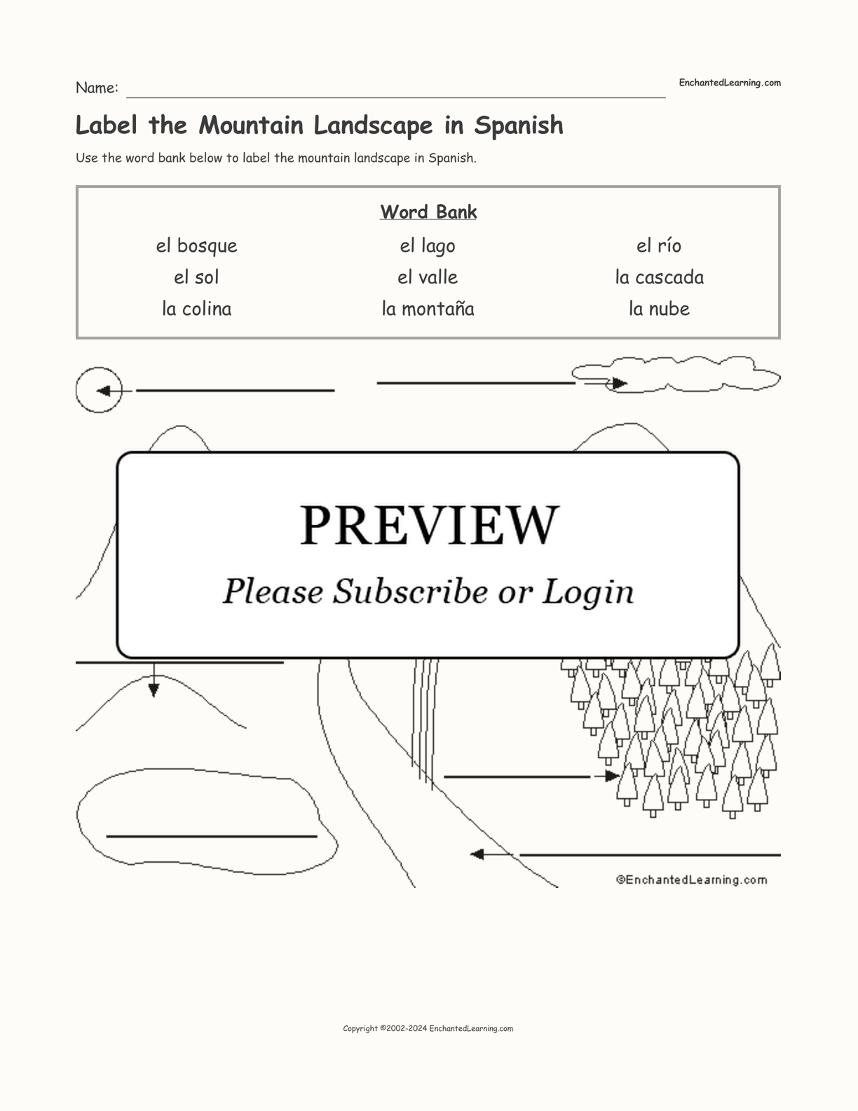 Label the Mountain Landscape in Spanish interactive worksheet page 1