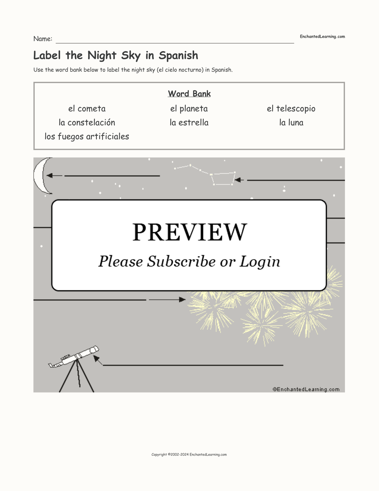 Label the Night Sky in Spanish interactive worksheet page 1